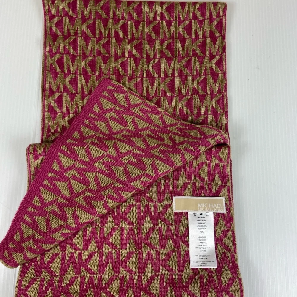 Michael Kors MK Logo Monogram Scarf Pink Tan Knit Designer Wrap